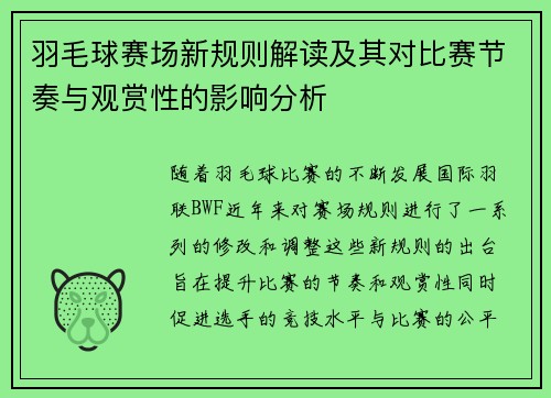 羽毛球赛场新规则解读及其对比赛节奏与观赏性的影响分析