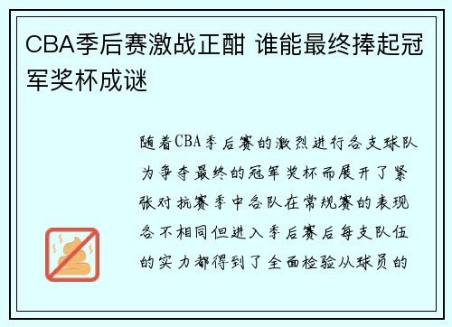 CBA季后赛激战正酣 谁能最终捧起冠军奖杯成谜