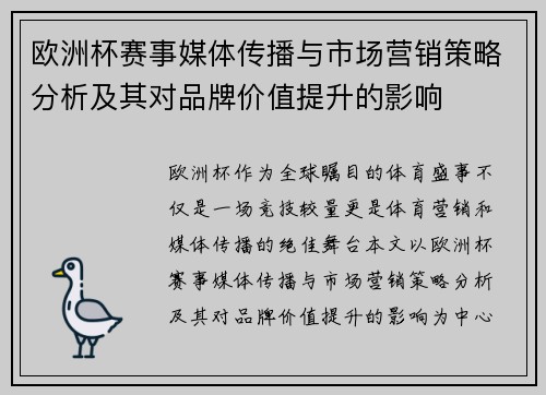欧洲杯赛事媒体传播与市场营销策略分析及其对品牌价值提升的影响
